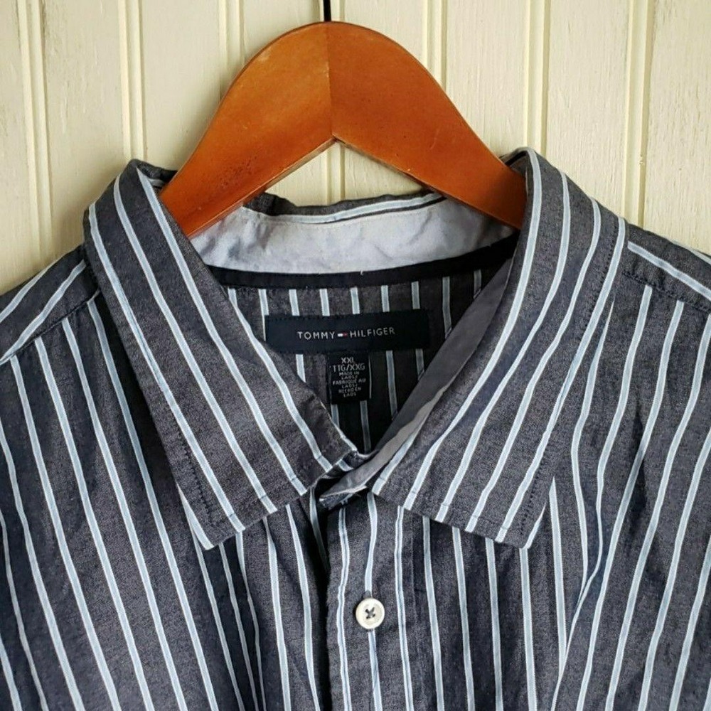 Tommy Hilfiger Shirt Mens 2XL Blue Stripe Long Sleeve Button-Up Pocket Casual